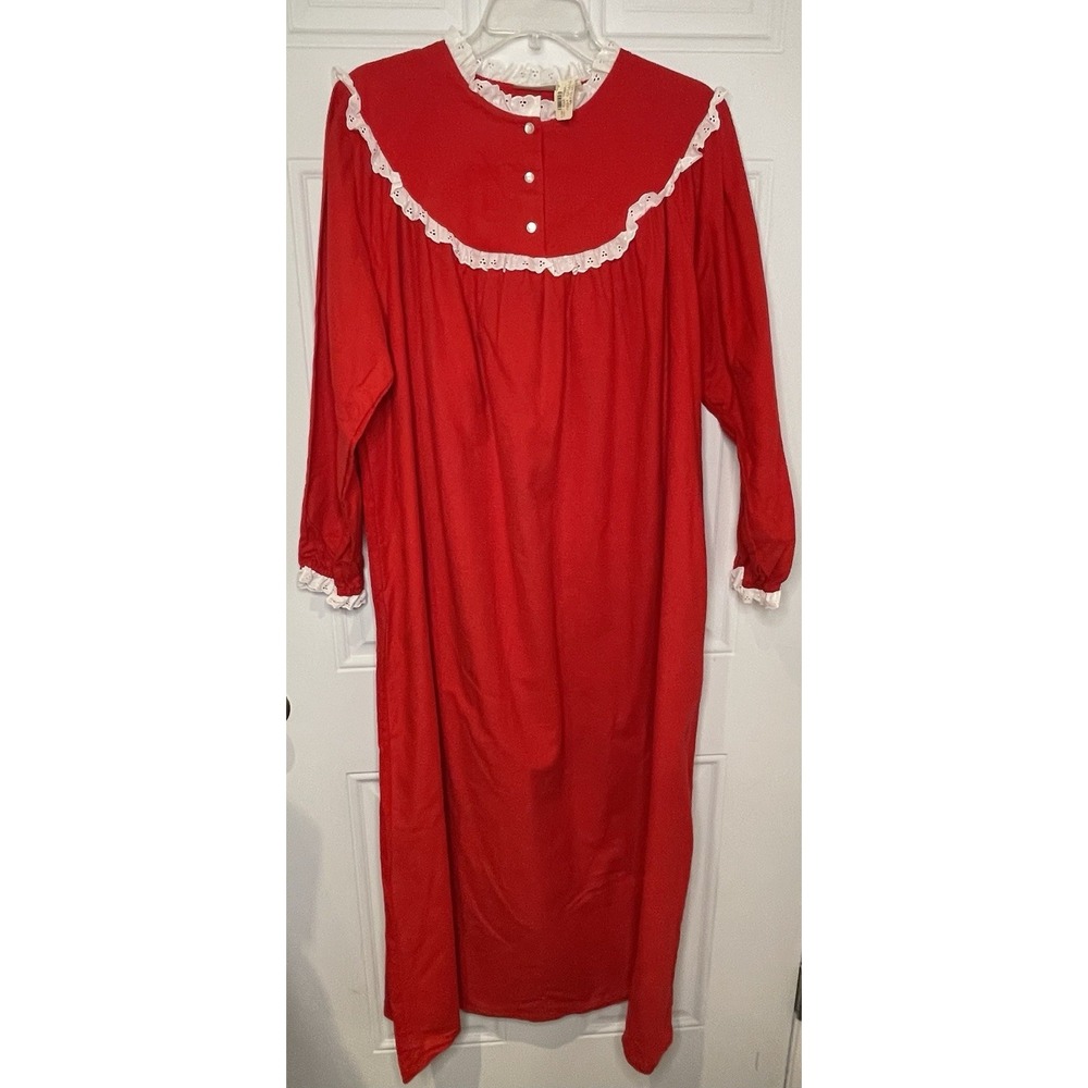 Vintage NWT Solange Size 14 16 Red Nightgown White Trim Cottagecore Mrs Claus